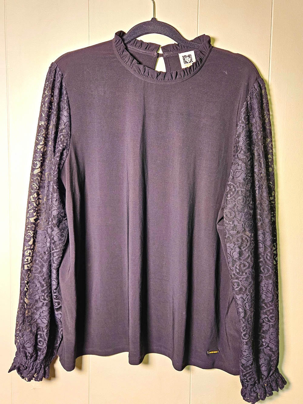 Anne Klein Size XL Black Solid Lace Sleeve Ruffle Neck Keyhole Back Blouse